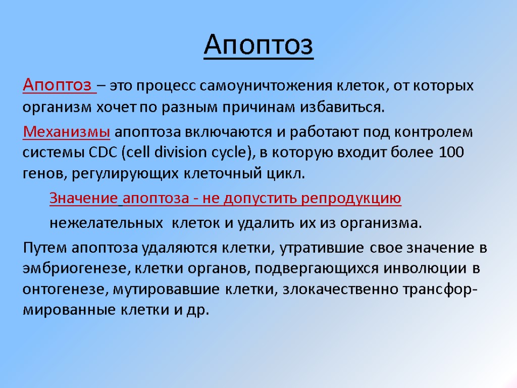 Апоптоз Апоптоз – это процесс самоуничтожения клеток, от которых организм хочет по разным причинам